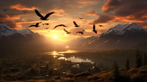 Golden Light Bathed Mountain Range with Avian Life
