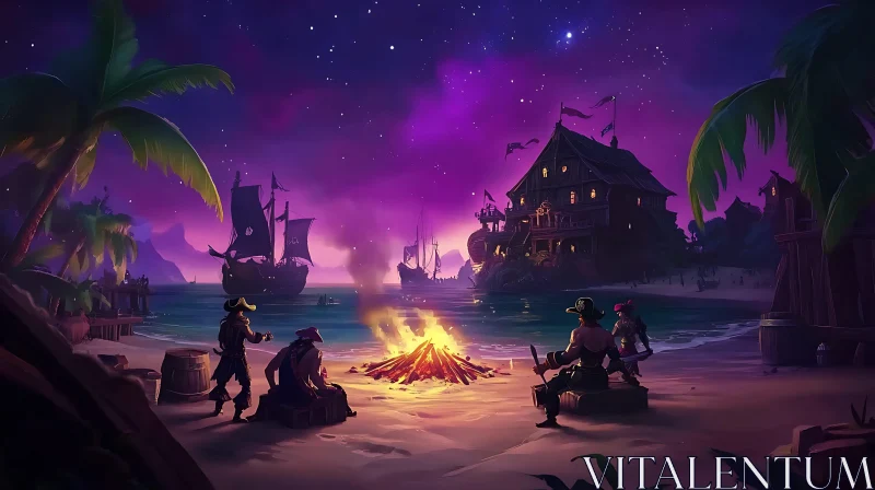 Pirates Around a Campfire on a Moonlit Beach AI Image