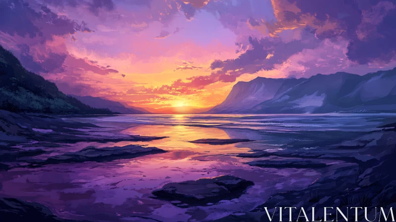 AI ART Mountainous Sunset with Reflective Waters