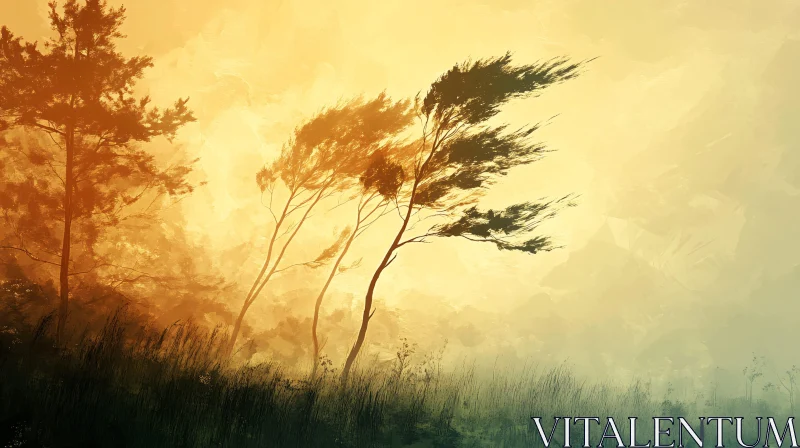 AI ART Wind-Swept Trees in a Golden Field