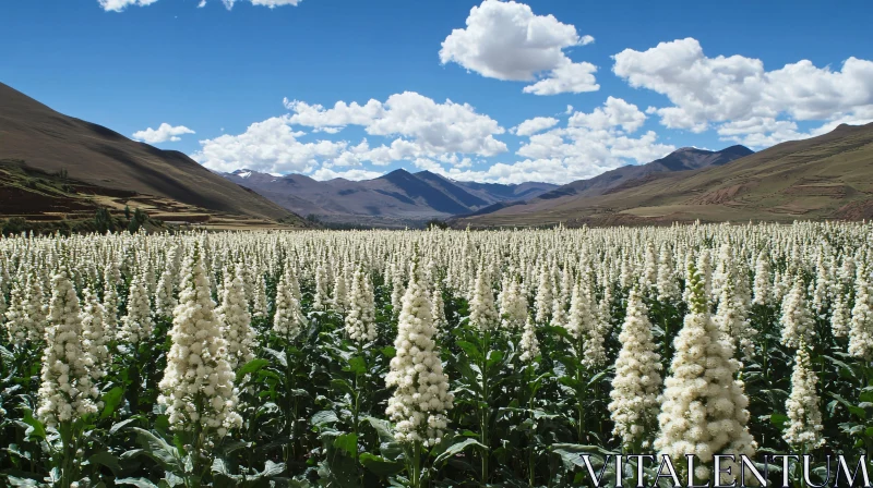 White Flower Field in the Mountains AI Image