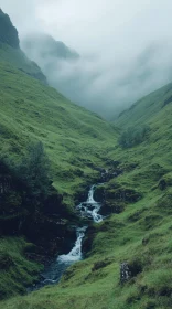 Tranquil Green Valley with Waterfall