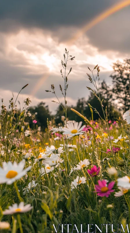 Sunny Meadow of Daisies and Rainbow AI Image