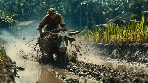 Traditional Farming Through Muddy Fields