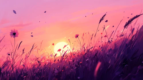 Beautiful Sunset in a Flower Field