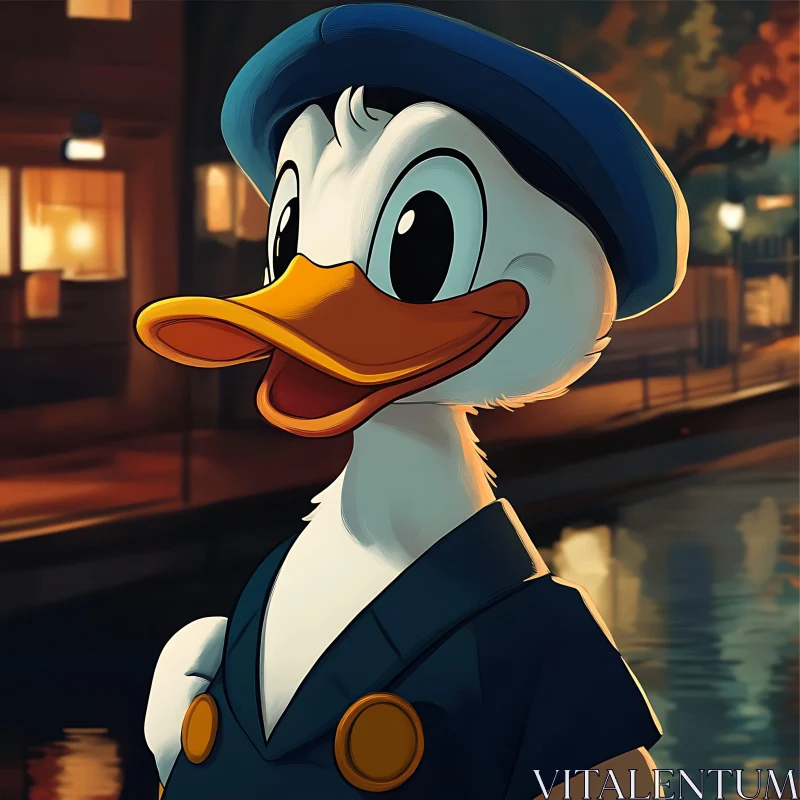 Happy Cartoon Duck by Moonlit Canal AI Image