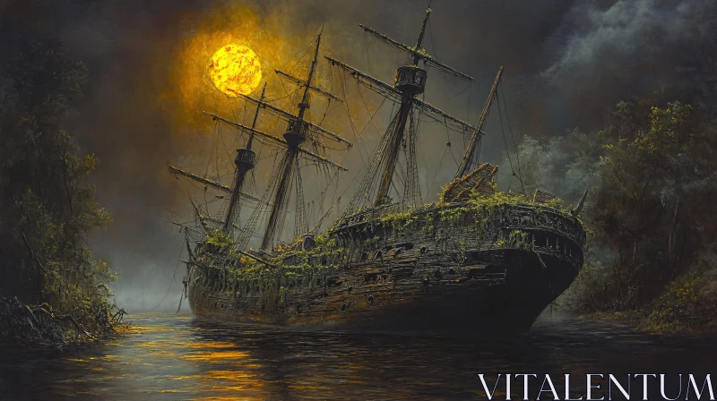 Ancient Ruined Ship on a Misty River at Night AI Image