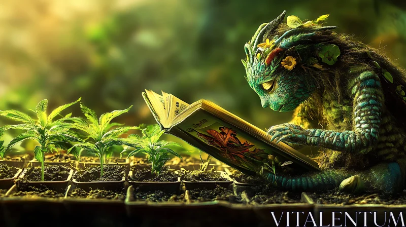 Dreamy Garden Scene with Reading Fantasy Creature AI Image