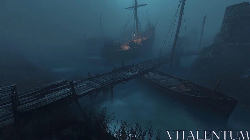 Mysterious Foggy Night at the Dock AI Image