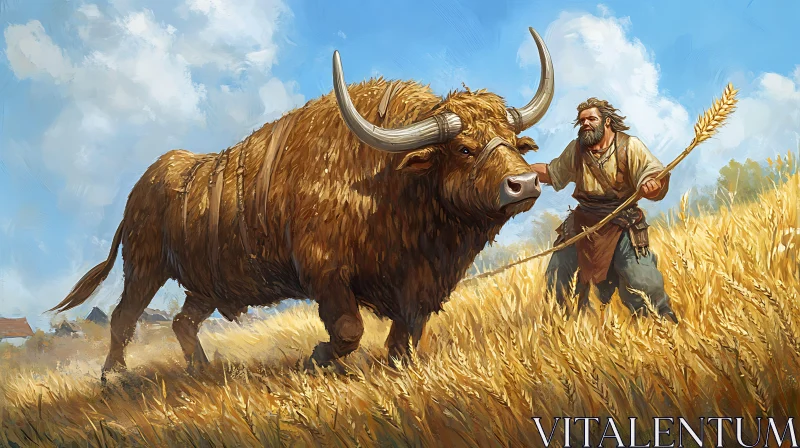 Bull with Large Horns in Wheat Field AI Image