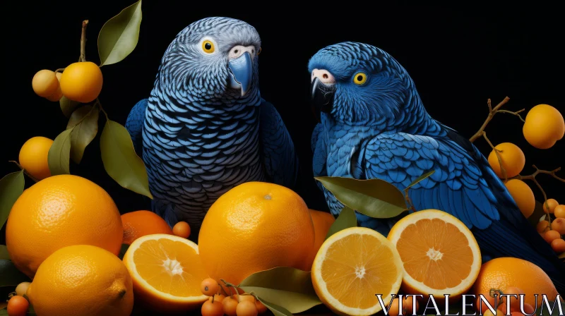 Portrayal of Blue Parrots Amidst an Array of Oranges AI Image