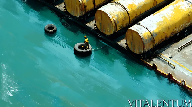 Man on Floating Tire by Large Yellow Barrels AI Image