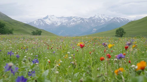 Wildflower Field Against Mountain Backdrop