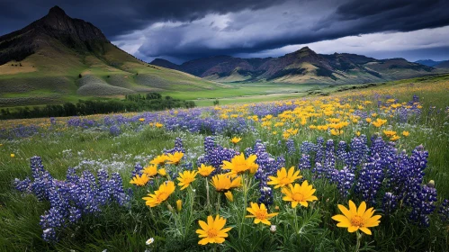 Vibrant Wildflower Landscape with Mountains