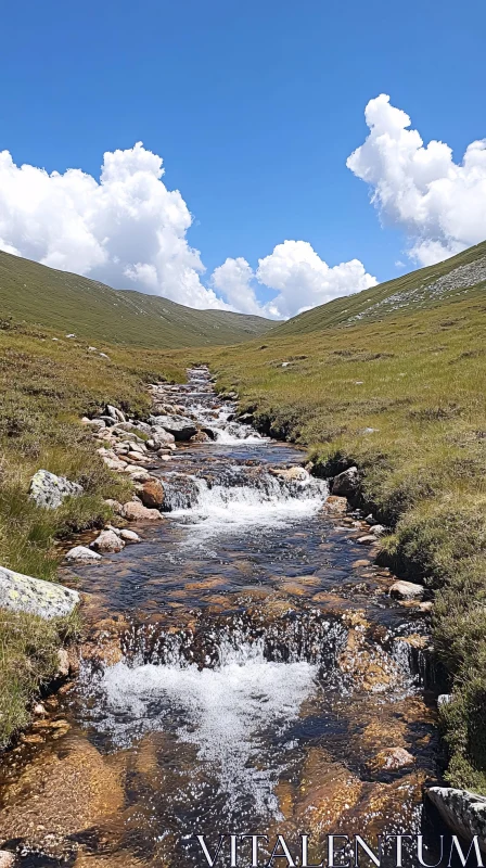 AI ART Tranquil Flowing Stream in Mountainous Landscape