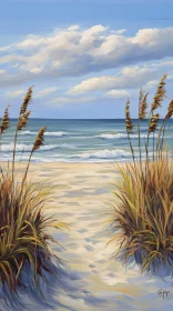 Calm Ocean Waves Washing onto Sandy Shore with Dune Grasses