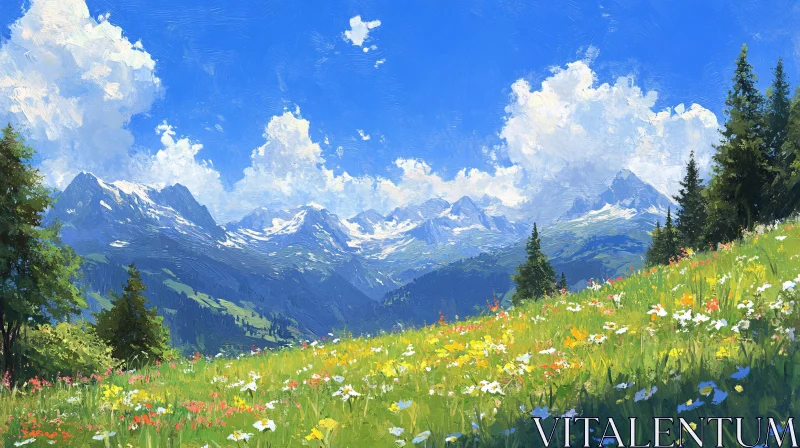 Peaceful Nature Scene with Mountains and Meadow AI Image