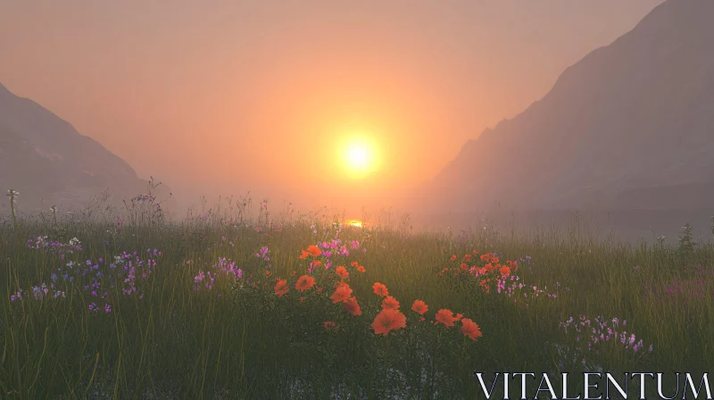 AI ART Wildflowers in Sunset Glow by Misty Mountains