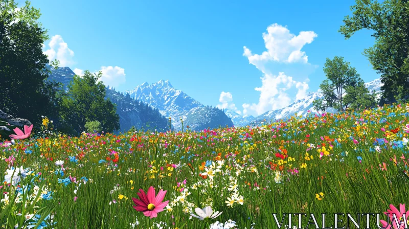 AI ART Vibrant Flower Field with Stunning Mountain View