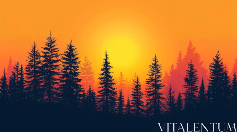 Enchanting Sunset Through Forest Trees AI Image