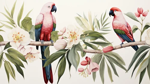 Exquisite Painting of Parrots Amidst Floral Splendor