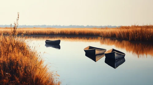 Tranquil Lake Scene with Boats and Reflections