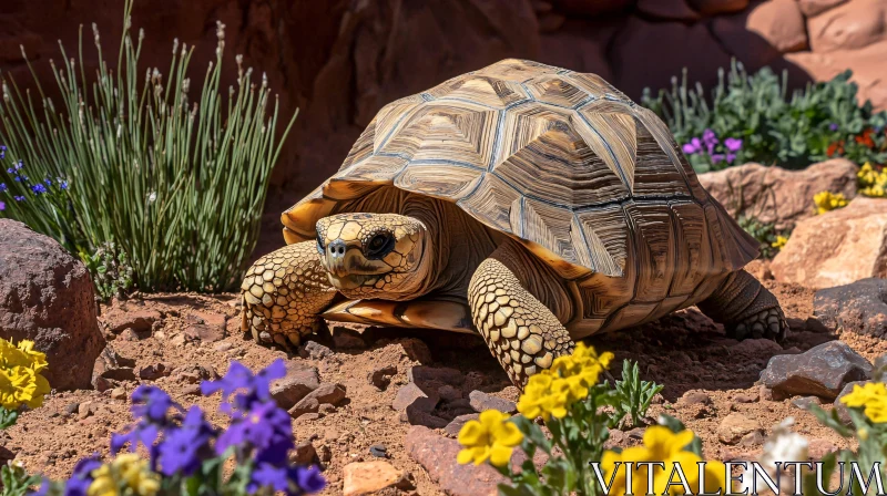 Turtle in Rocky Desert with Vibrant Flowers AI Image