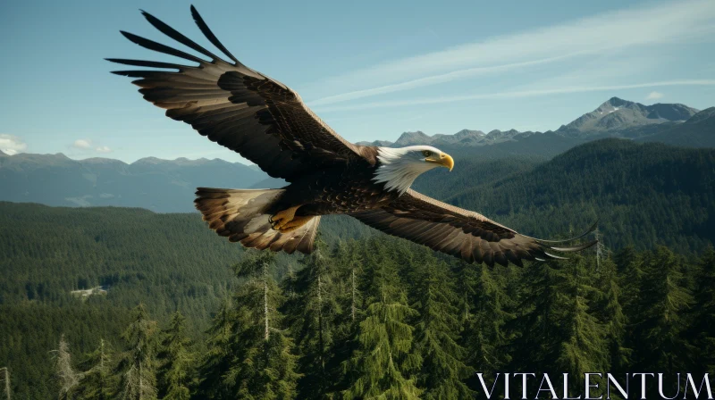 Majestic Bald Eagle Soaring Over Forest-Covered Mountains AI Image