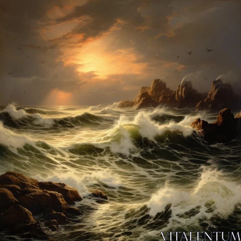 Marine Landscape Painting with Waves and Birds AI Image