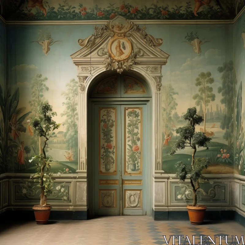 Ornate Door in a Rococo Styled Room with Botanical Flourish AI Image