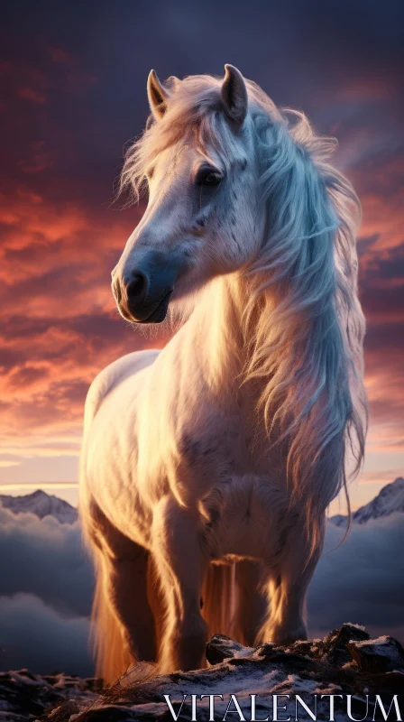White Horse on Cliff: A Fantasy Sunset Scene AI Image