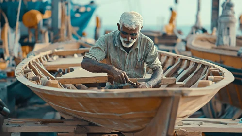 Skilled Carpenter Building a Wooden Boat at Dockyard