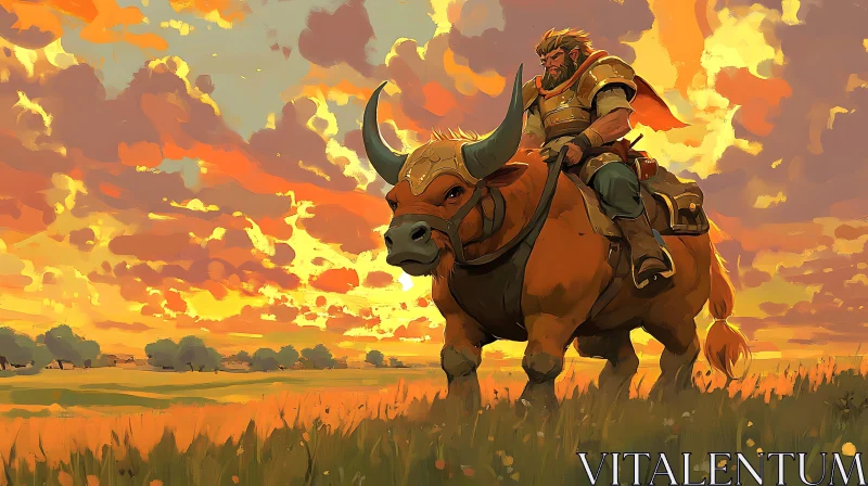 Heroic Knight Riding a Horned Beast at Dusk AI Image