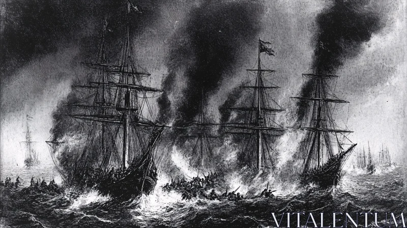 Historical Naval Battle with Sailing Ships Aflame AI Image