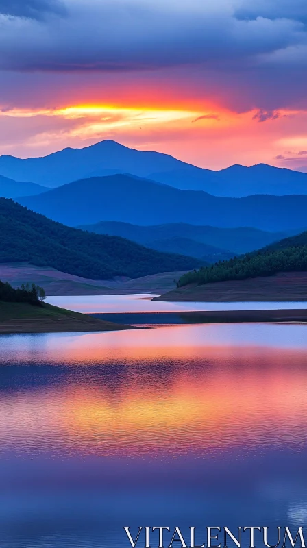 Tranquil Lake Sunset with Mountain Silhouettes AI Image