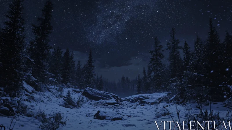 Snowy Forest at Night with Starry Sky AI Image