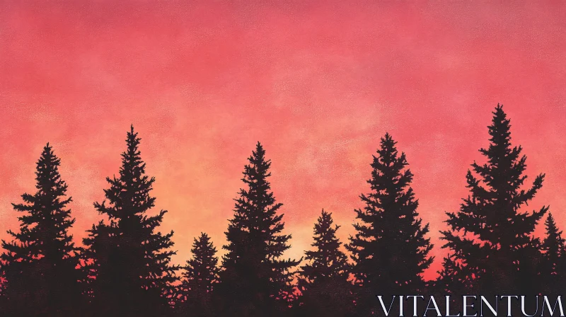 AI ART Golden Pink Sunset Behind Pine Trees