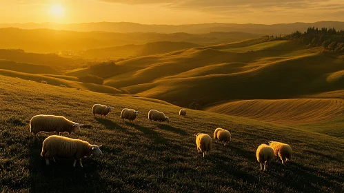 Sheep Grazing at Golden Sunset on Verdant Hillside