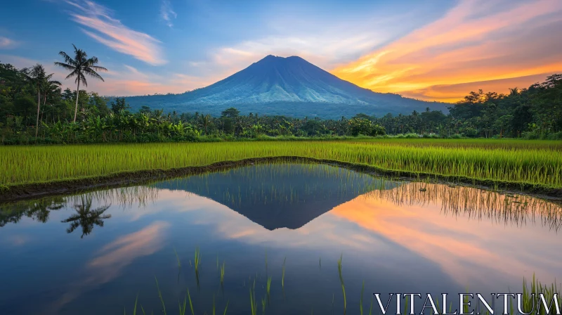 Mountain Sunset Reflection in Rice Fields AI Image