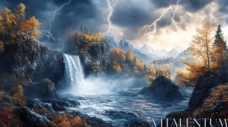 AI ART Stormy Forest Waterfall with Lightning