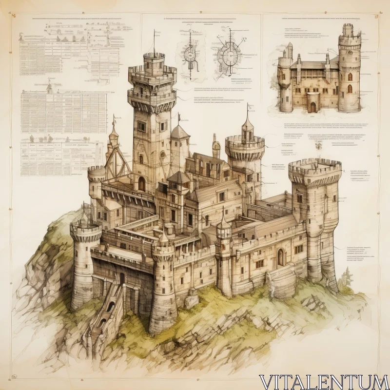 Detailed Castle Blueprint Illustration in Watercolors AI Image