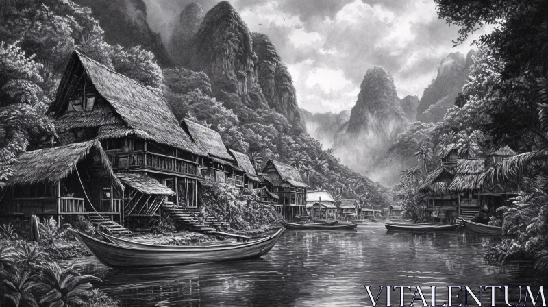 Tranquil Riverside Village in Black and White AI Image