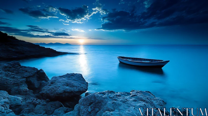 AI ART Peaceful Seascape at Dusk with Floating Boat