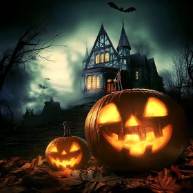 Eerie Halloween Night with Carved Pumpkins and Spooky House