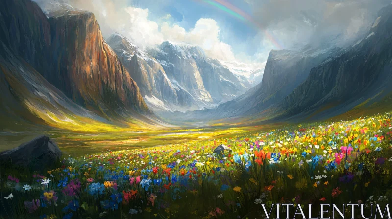 AI ART Wildflower Meadow Amidst Majestic Mountains