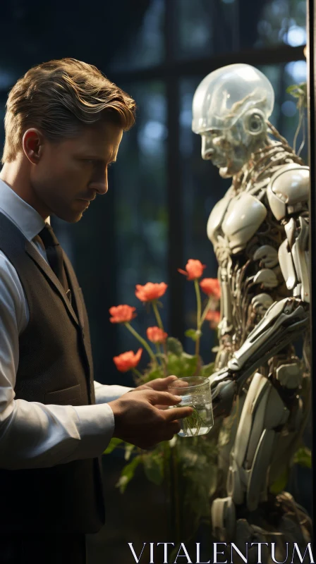 Man in Suit Observes Robot Amidst Flora - Timeless Still Life AI Image