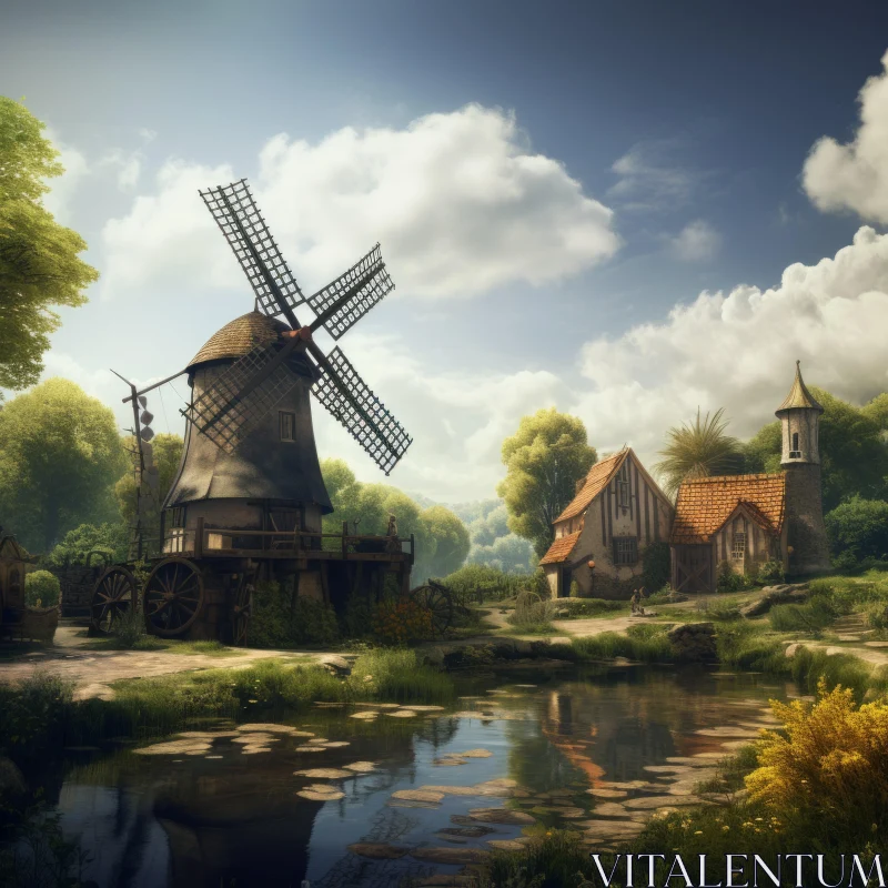 Medieval Windmill and Riverside Village Landscape AI Image
