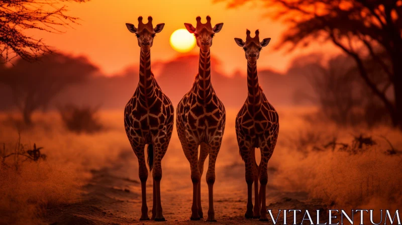 Sunset Silhouette: Three Giraffes in Savannah AI Image