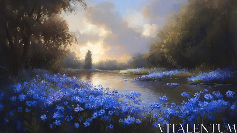 AI ART Serene Sunset Over River and Wildflowers