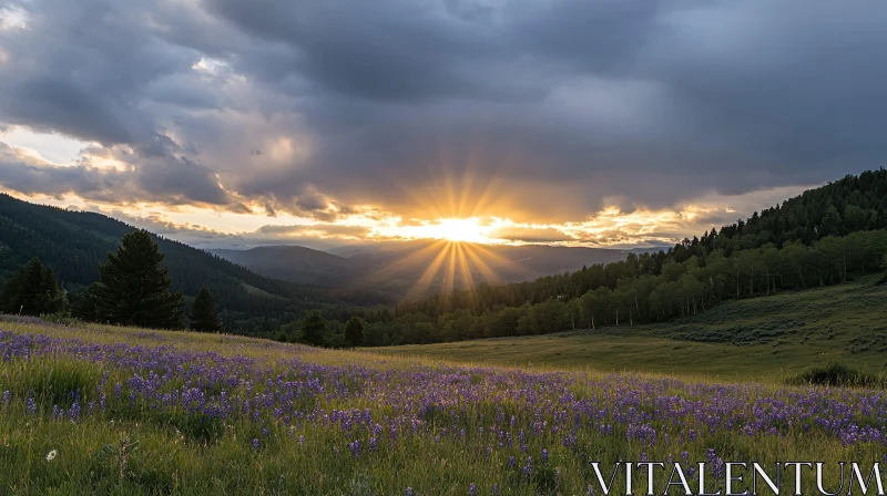 AI ART Sunset Over a Flower-Dotted Meadow with Mountain Views